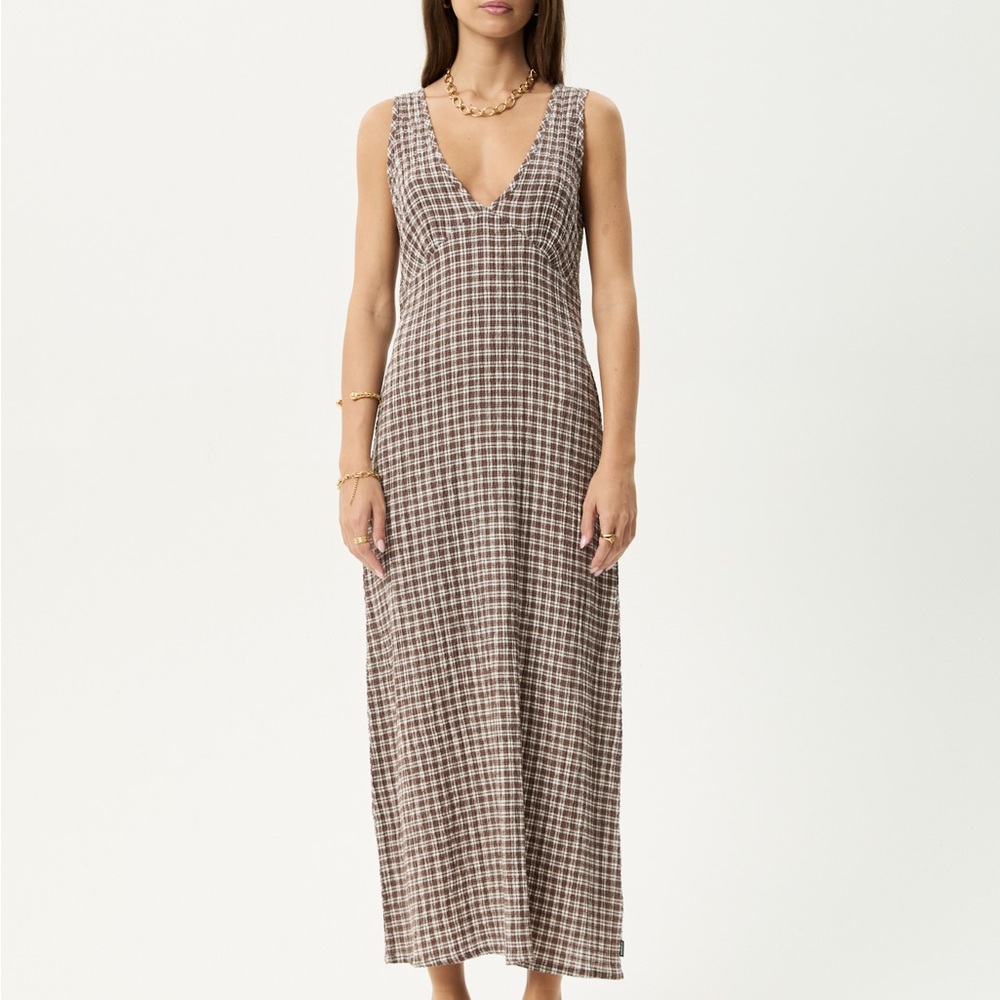Afends seersucker maxi dress in coffee check